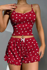 Kırmızı Desenli Askılı Seksi Şortlu Takım Zalle